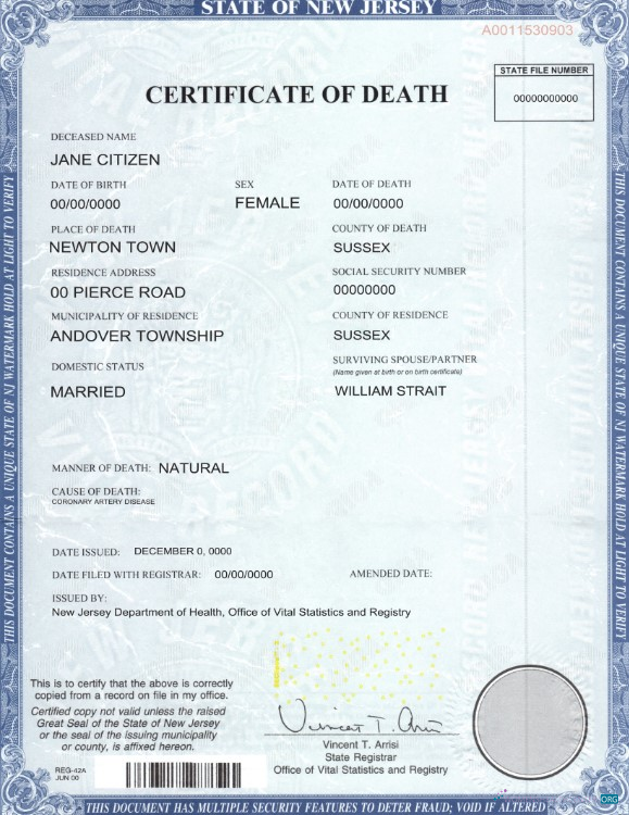 Download USA state New Jersey death certificate template in PSD format Photoshop template
